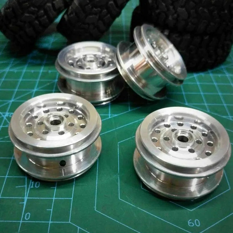 Silver stainless steel RC car wheel with tyre, 68mm outer diameter, 5mm hex fitting for modification parts