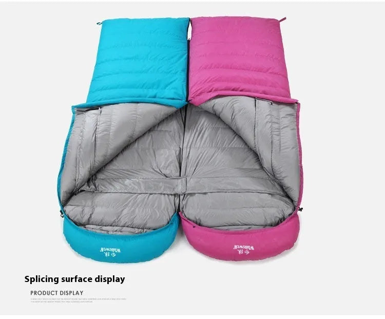 Black outdoor sleeping bag with goose down filler and tear-resistant nylon fabric for adult camping use