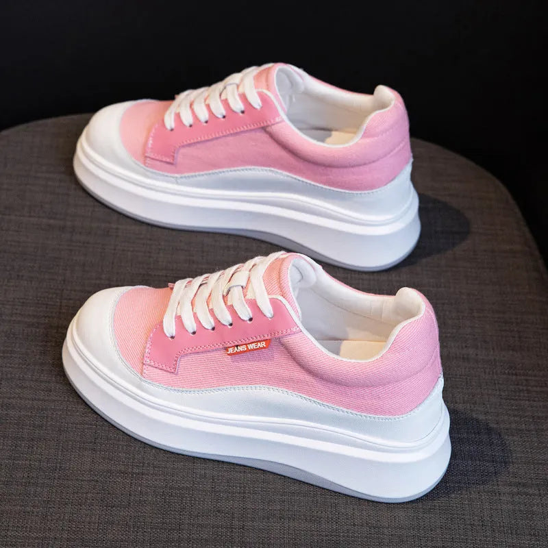 Women's beige and pink cowhide leather board shoes with thick soles for height increase.