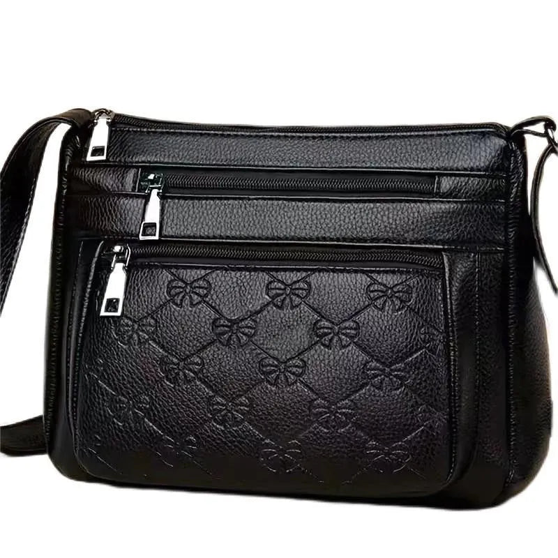Black PU women's crossbody messenger bag with horizontal square shape and mobile phone compartment