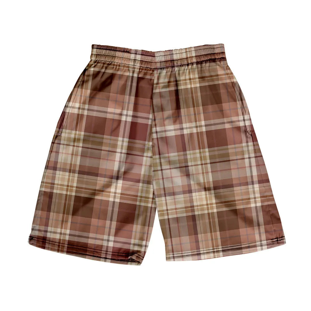 Men's straight cut plaid shorts in polyester fabric with elastic waistband