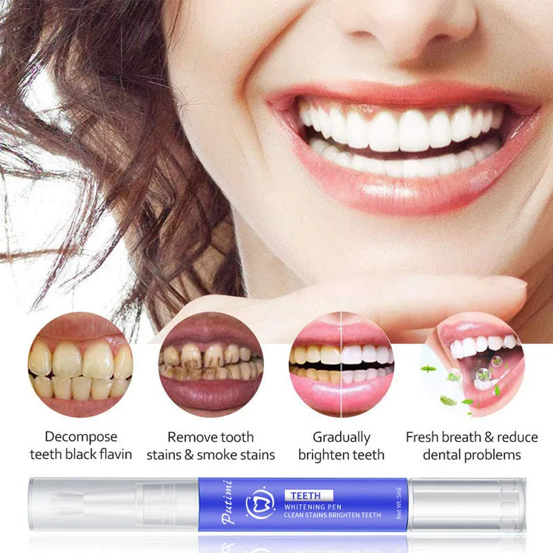 White teeth whitening pen with applicator tip on blue background