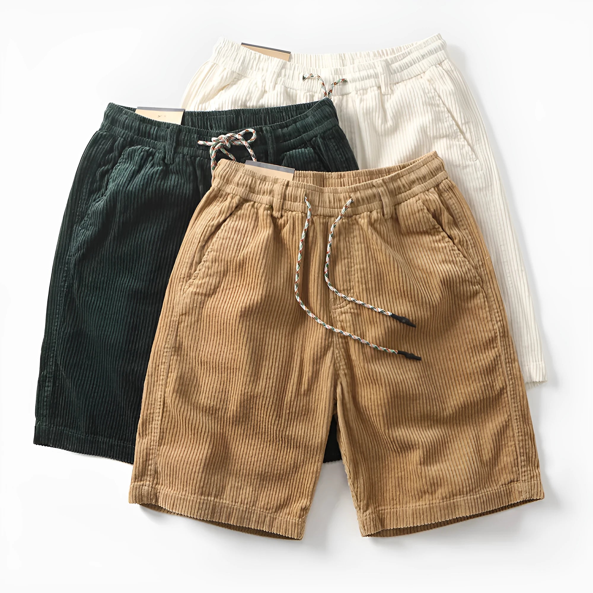 Men's khaki retro American-style cargo shorts with straight-leg cut on mannequin