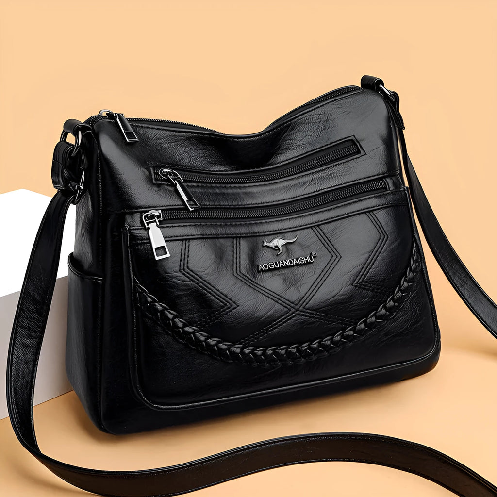 Soft PU leather shoulder bag in horizontal square shape with large capacity and zippered compartments