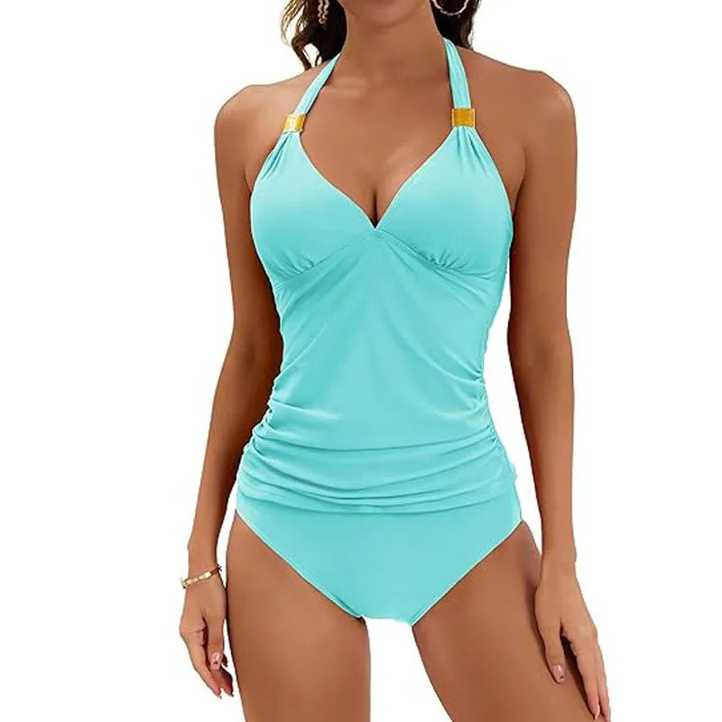 Women's red halter neck two-piece swimsuit with split tie and briefs bottom.