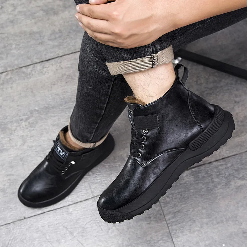 Black high-top Martin platform boots with a velvet PU upper and thick rubber sole.