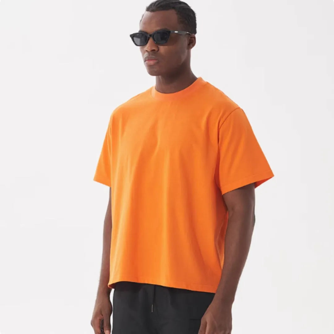 Men's loose fit pure cotton t-shirt in apricot colour, short sleeve American style.