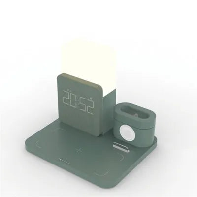 Dark green 3-in-1 wireless charging stand with smartphone, smartwatch, and earbuds charging simultaneously