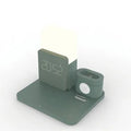 Dark green 3-in-1 wireless charging stand with smartphone, smartwatch, and earbuds charging simultaneously