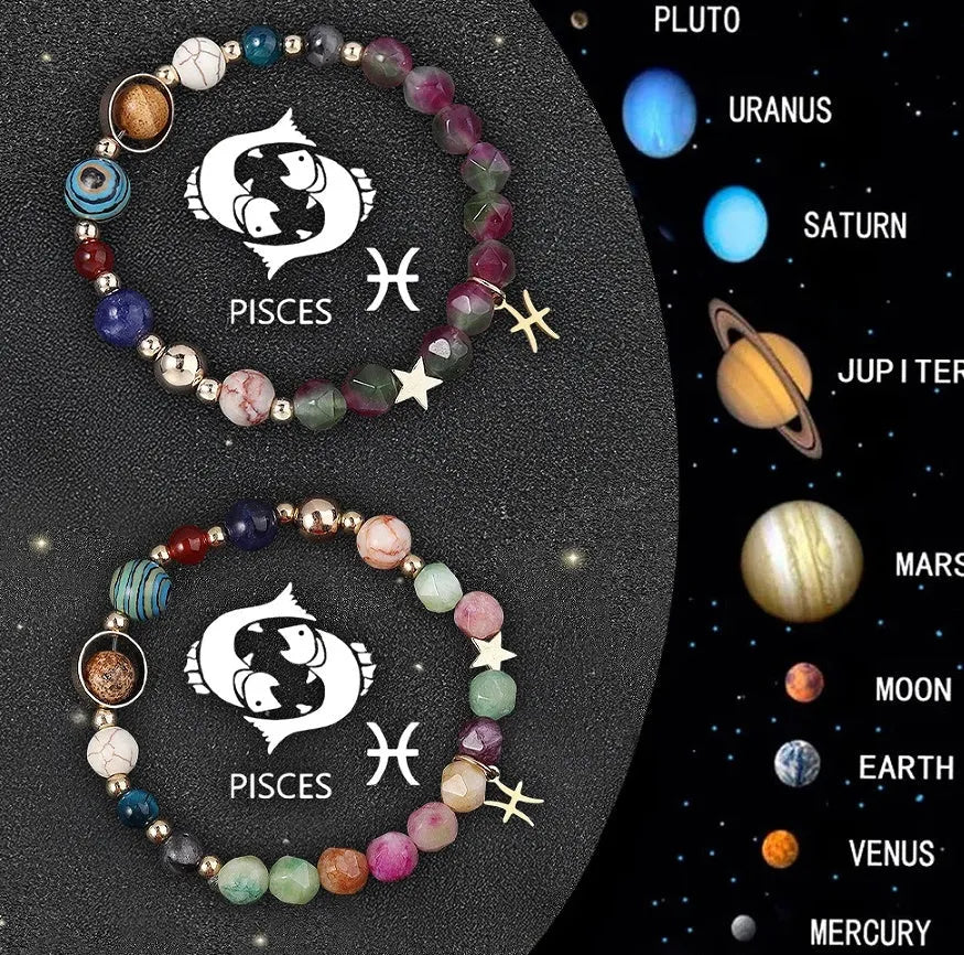 Two adjustable natural stone beaded bracelets showing zodiac sign designs on a neutral background