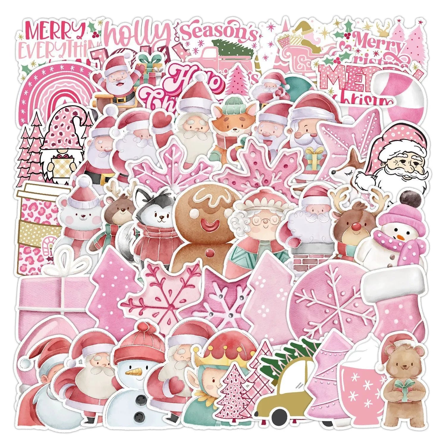 Christmas waterproof sticker pack showing variety of cute holiday designs from 4 to 8 centimetres