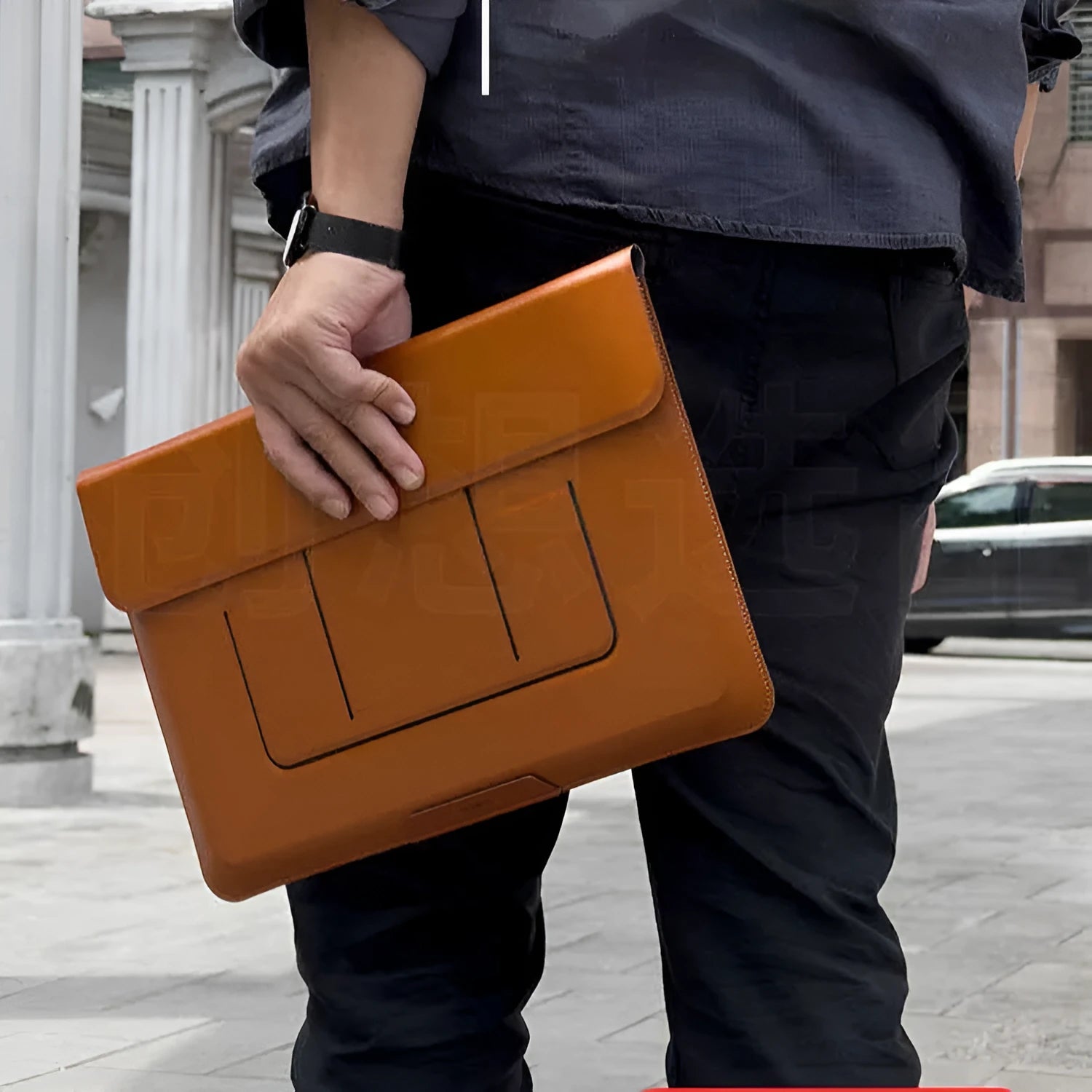Brown and black 13.3-inch laptop bag with integrated adjustable stand bracket.