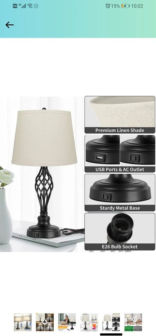 Silver alloy bedside table lamp with touch controls and USB charging port on base