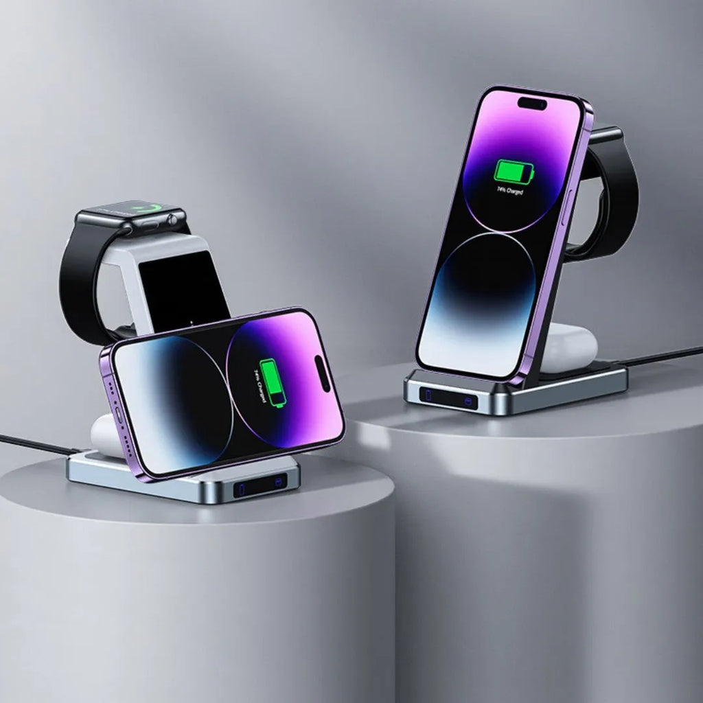 Three-in-one wireless charger in black with phone, watch, and earbuds placed on charging zones