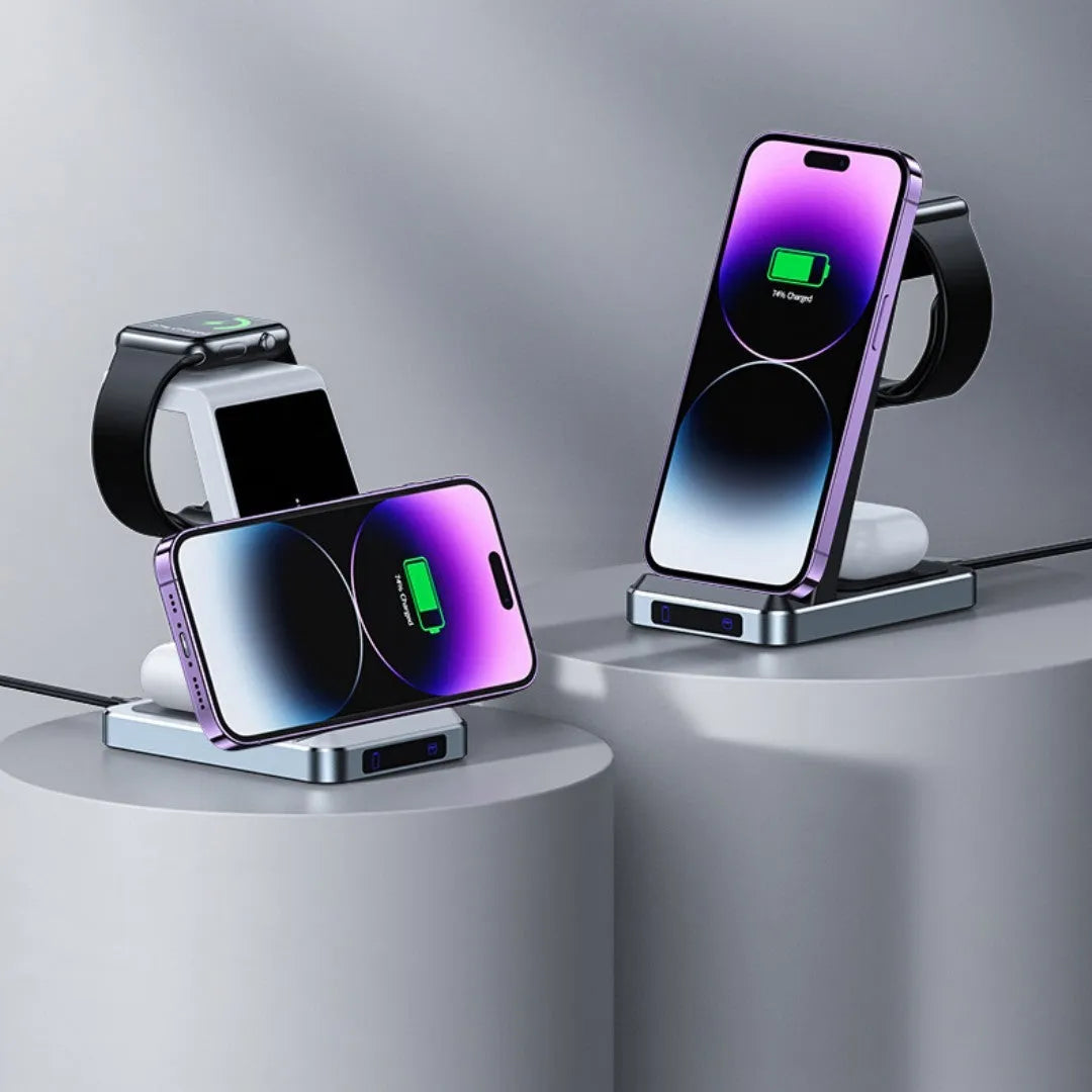 Three-in-one wireless charger in black with phone, watch, and earbuds placed on charging zones