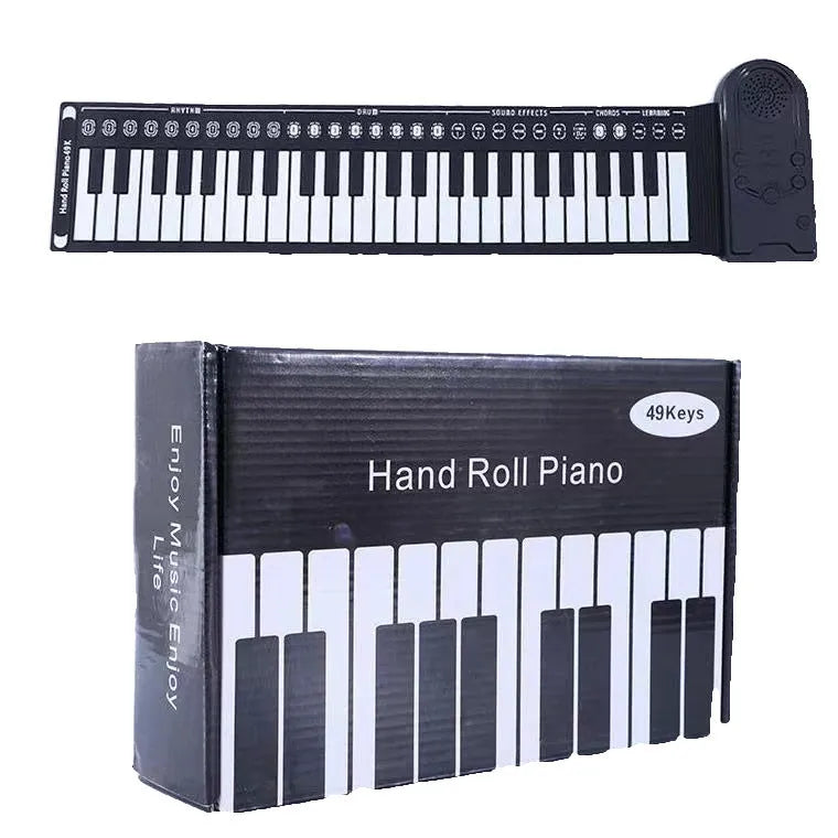 Portable 49-key folding electronic keyboard in pearl white, shown both unfolded for playing and folded for storage.