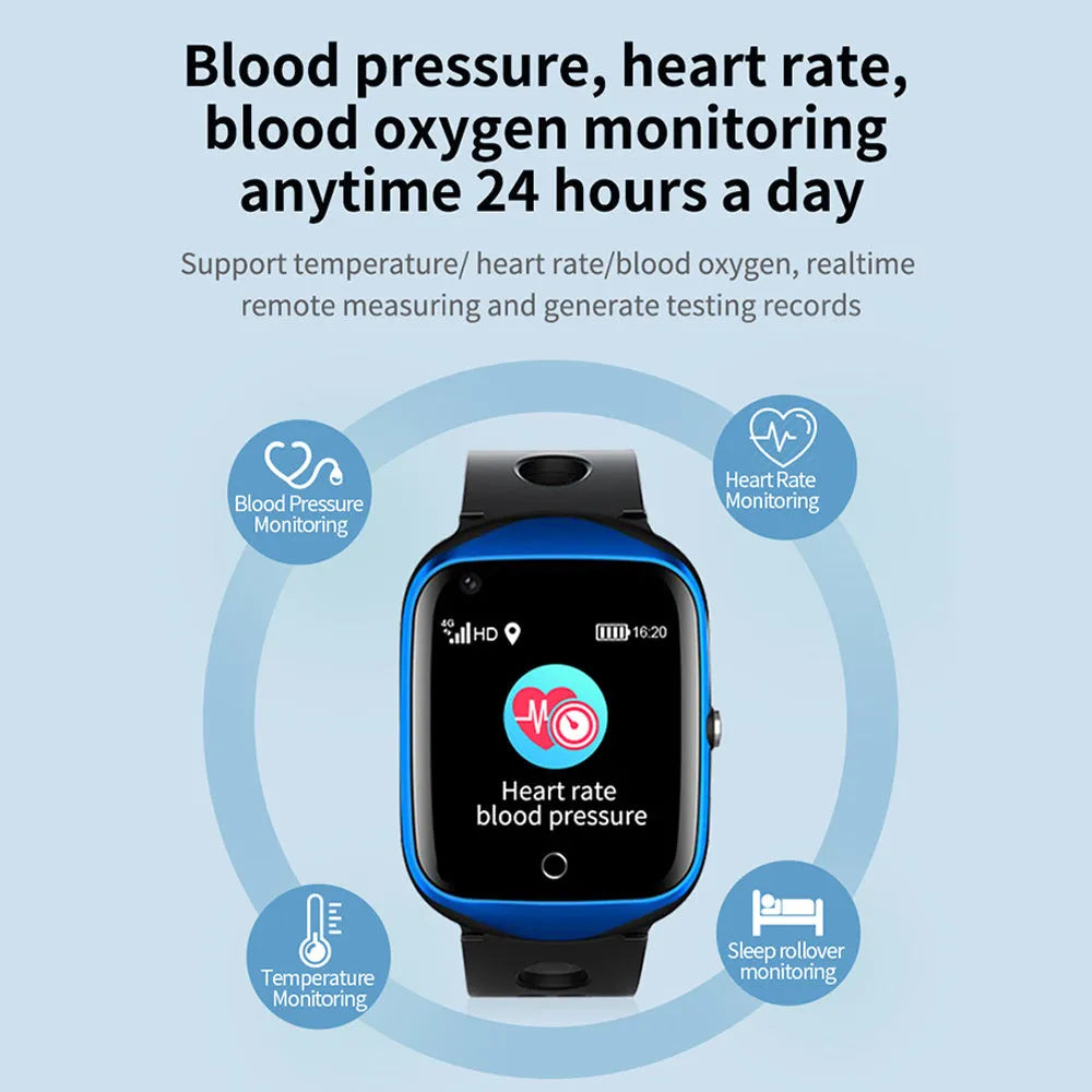 Elderly phone watch with square 1.3 inch screen, silicone strap, and SIM card slot for independent communication