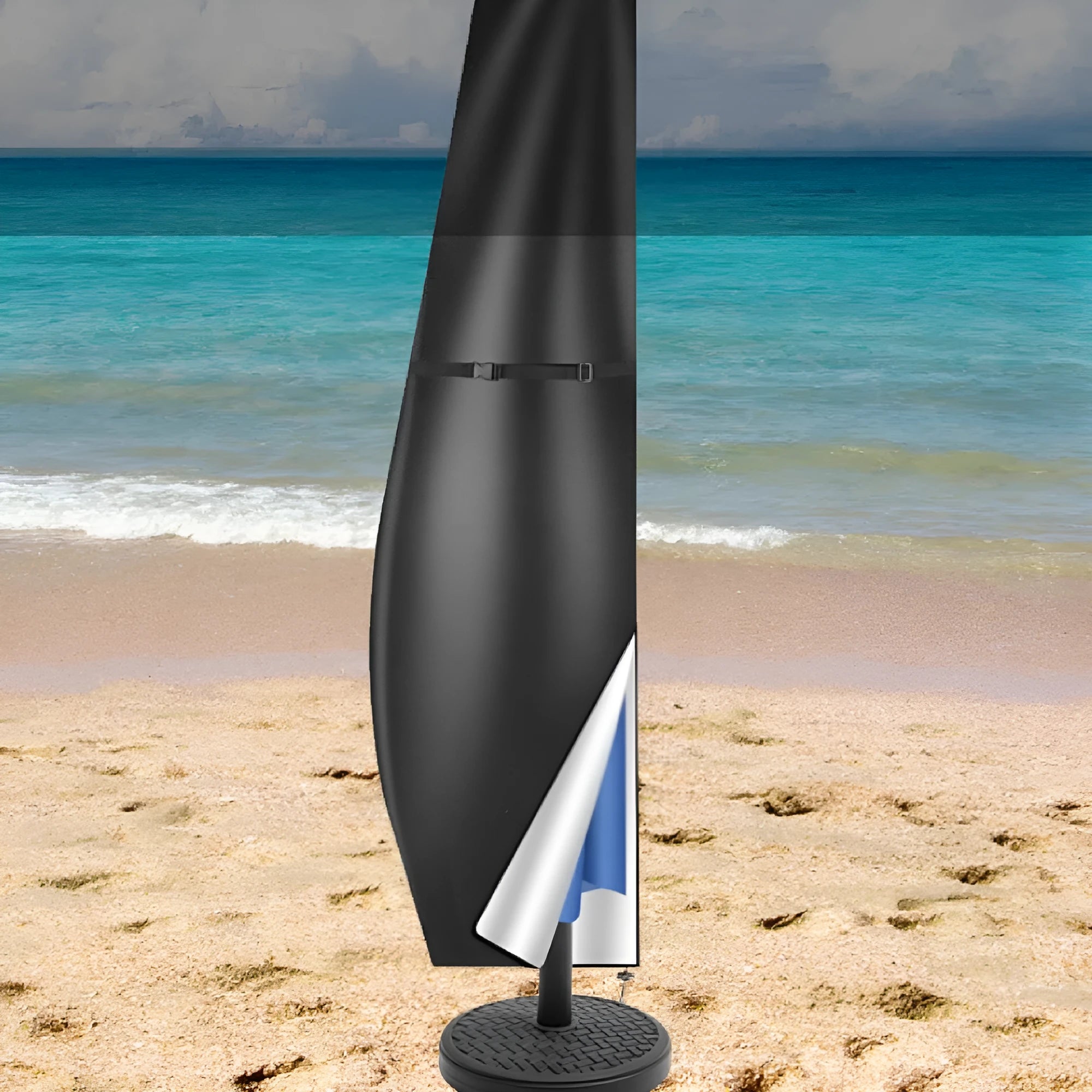 Grey waterproof offset banana-shaped umbrella cover made from Oxford cloth shown protecting outdoor furniture.