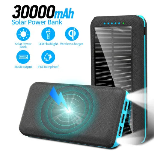 Black portable power bank with solar panel, wireless charging surface, and three USB output ports