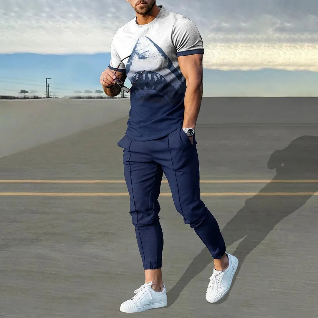 Men's short-sleeved printed pullover and matching trousers set on a neutral background