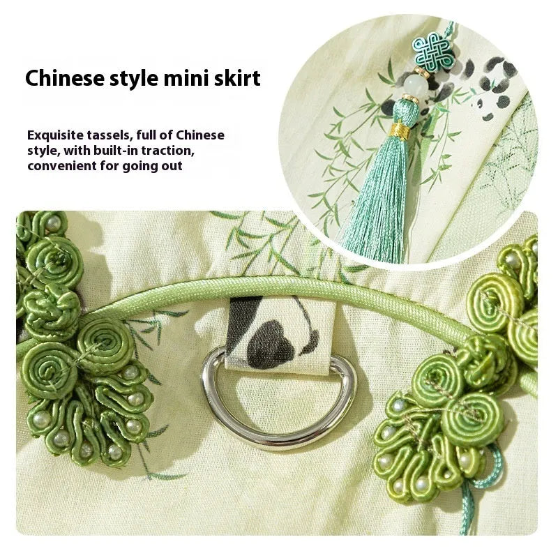 Chinese style panda bamboo leaf cat skirt for hairless cats, woven fabric, tassel dress style