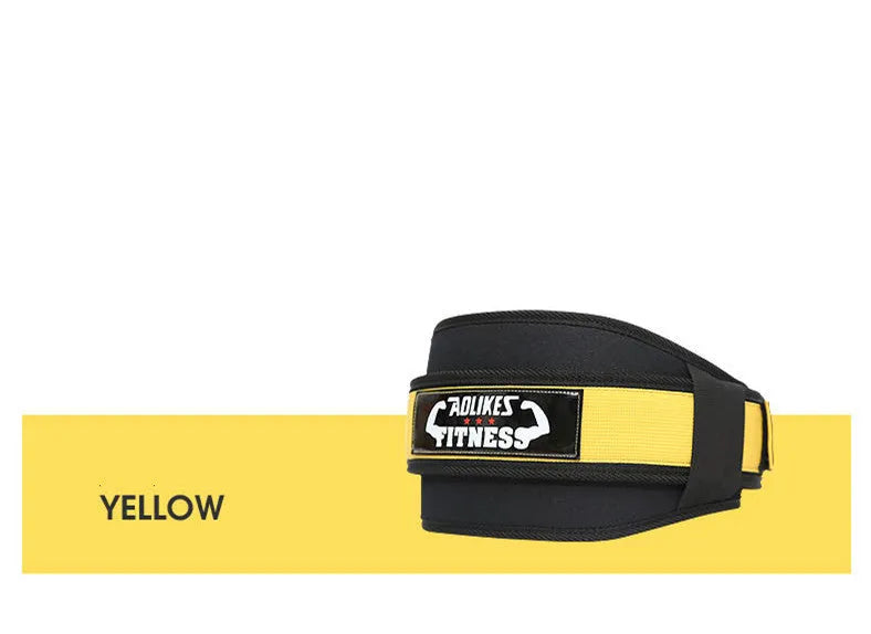 Nylon fitness weightlifting waistband showing black, red and yellow colour options with size markings