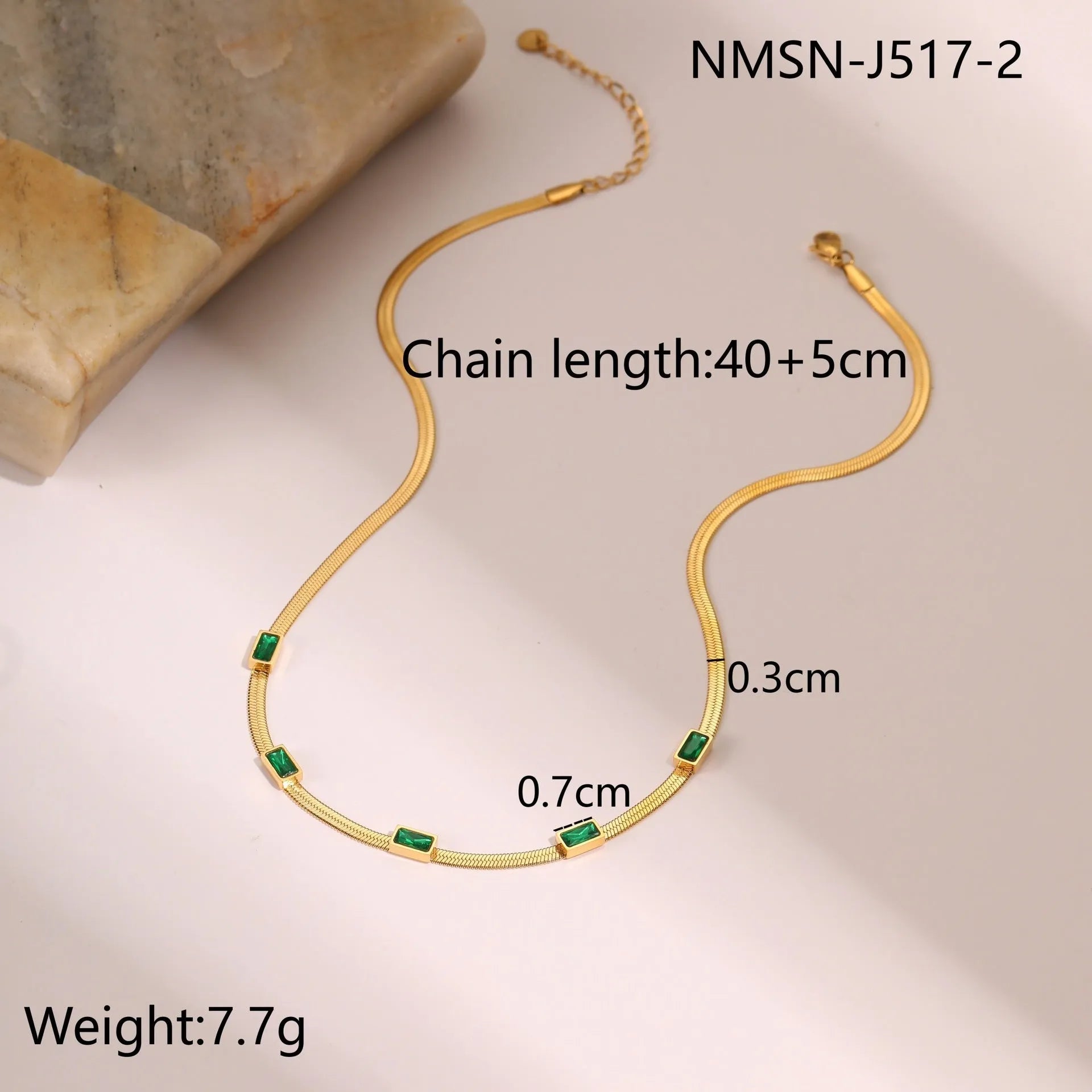 Geometric square zircon retro necklace with stainless steel flat snake chain and 18K gold plating