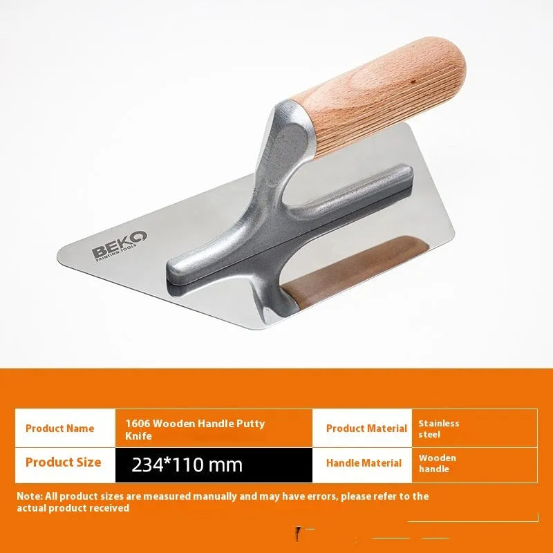 Stainless steel wall scraper with wooden handle for putty removal, showing three blade size options