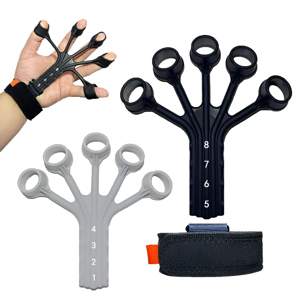 Black silicone finger rehabilitation trainer with adjustable tension belt for hand exercises