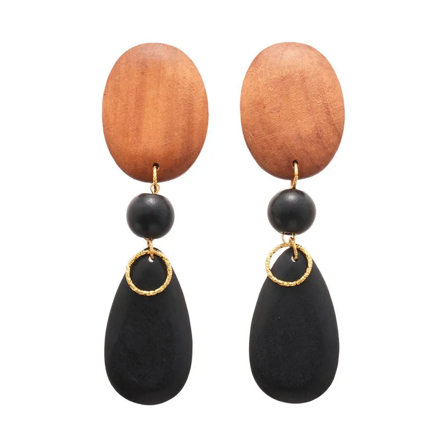 Brown black wooden ellipse earrings with silver needle fittings retro European style