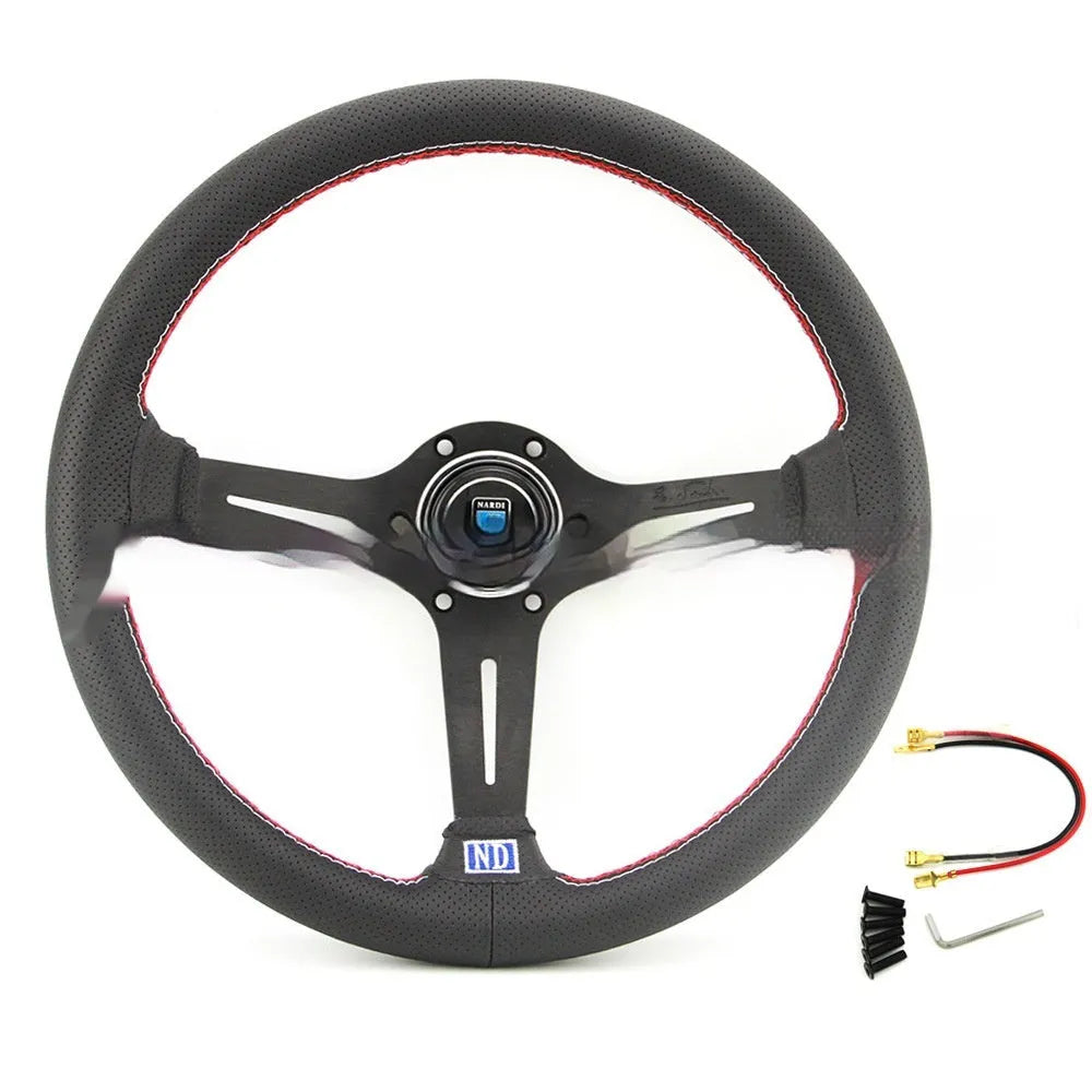Leather 14-inch steering wheel with middle concave section showing black skeleton option