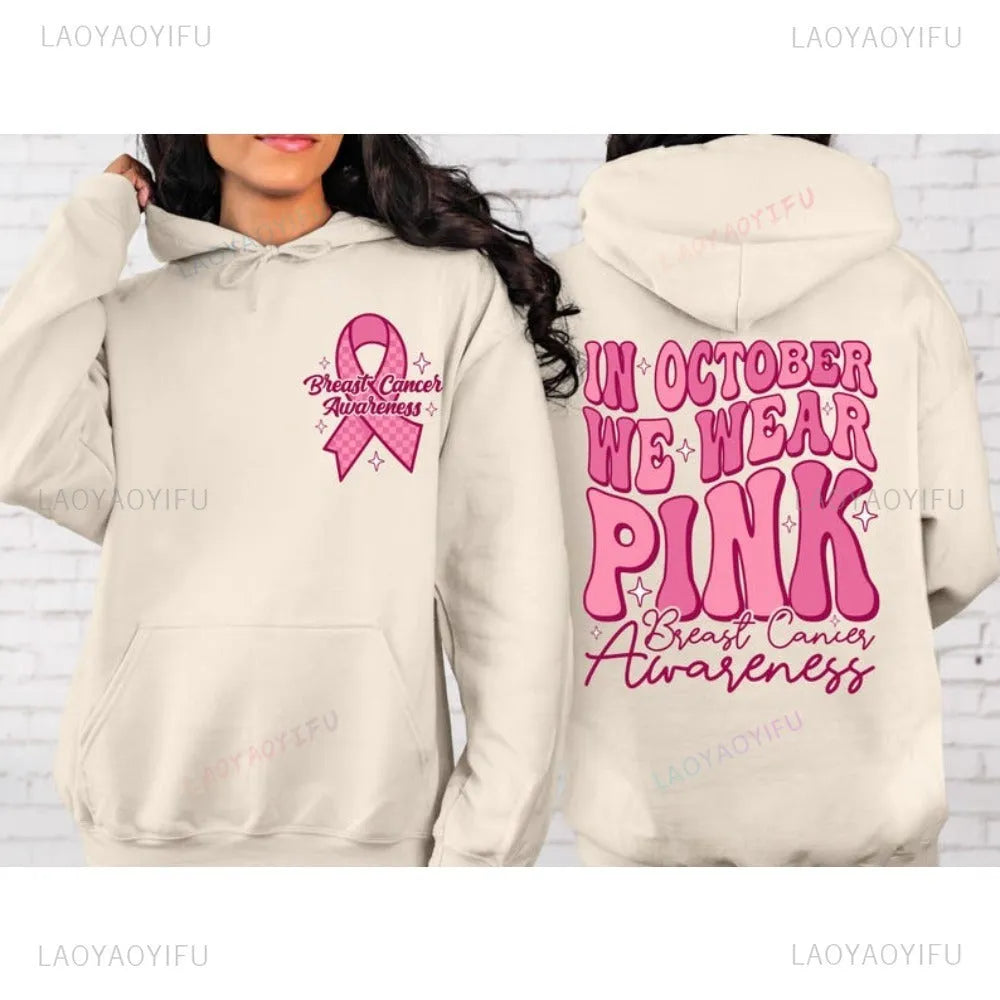 Breast cancer awareness pullover hoodie with retro hot stamping art design and a side seam pocket.