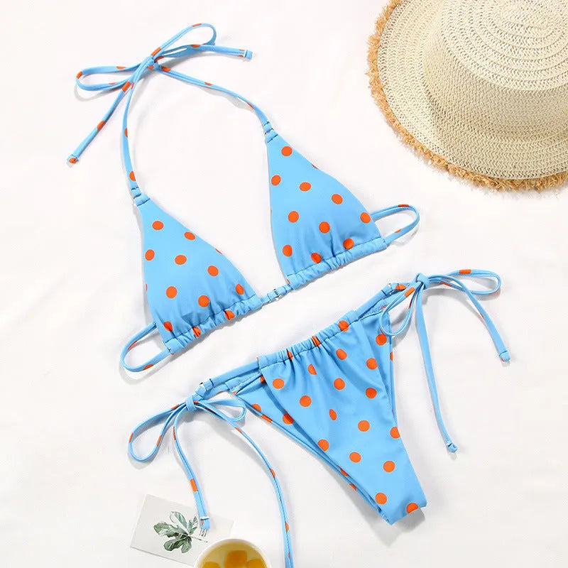 Women's polka dot print bikini swimsuit with split style design in multiple colour variations