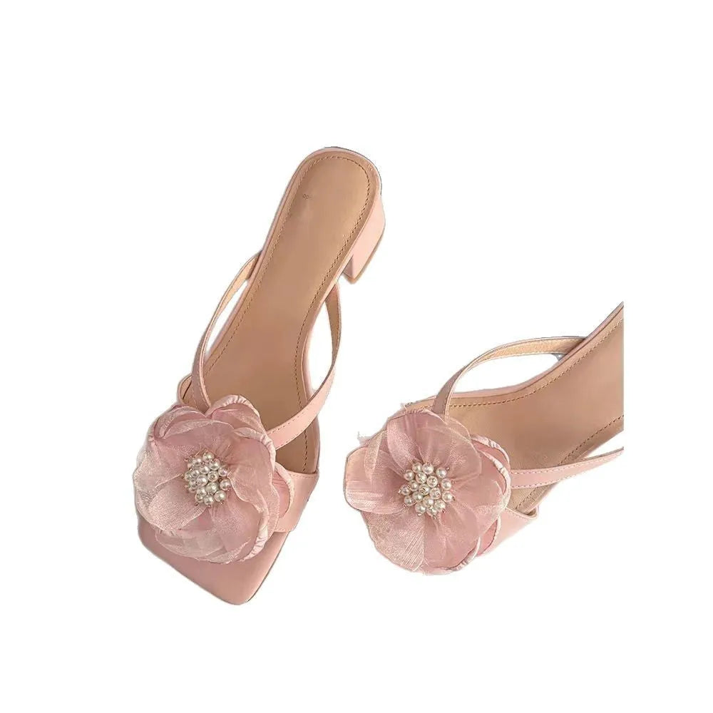 Korean style women's sandals with chunky heel, square toe, and satin upper in cream-white colour.
