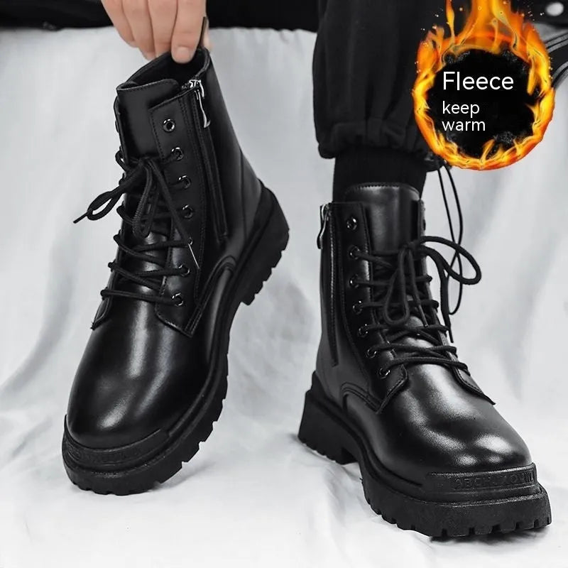Men's black mid-top waterproof PU leather boots with a flat rubber sole.