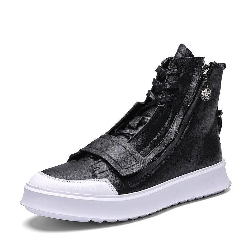 Men's black and white PU leather winter ankle boots in high-top sneaker style showing size range