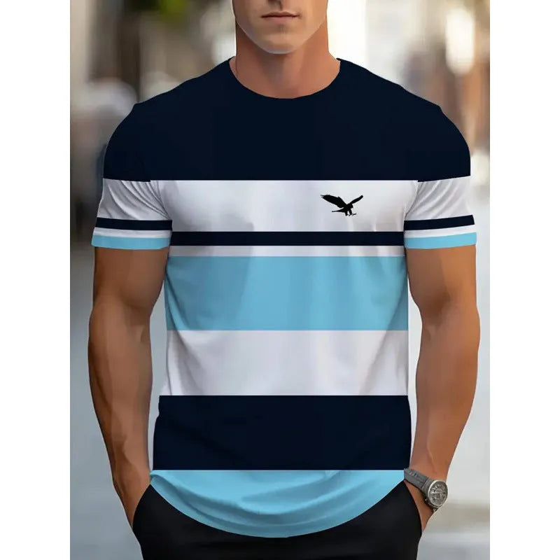 Men's loose fit short-sleeved T-shirt with digital 3D printed striped pattern in polyester fabric