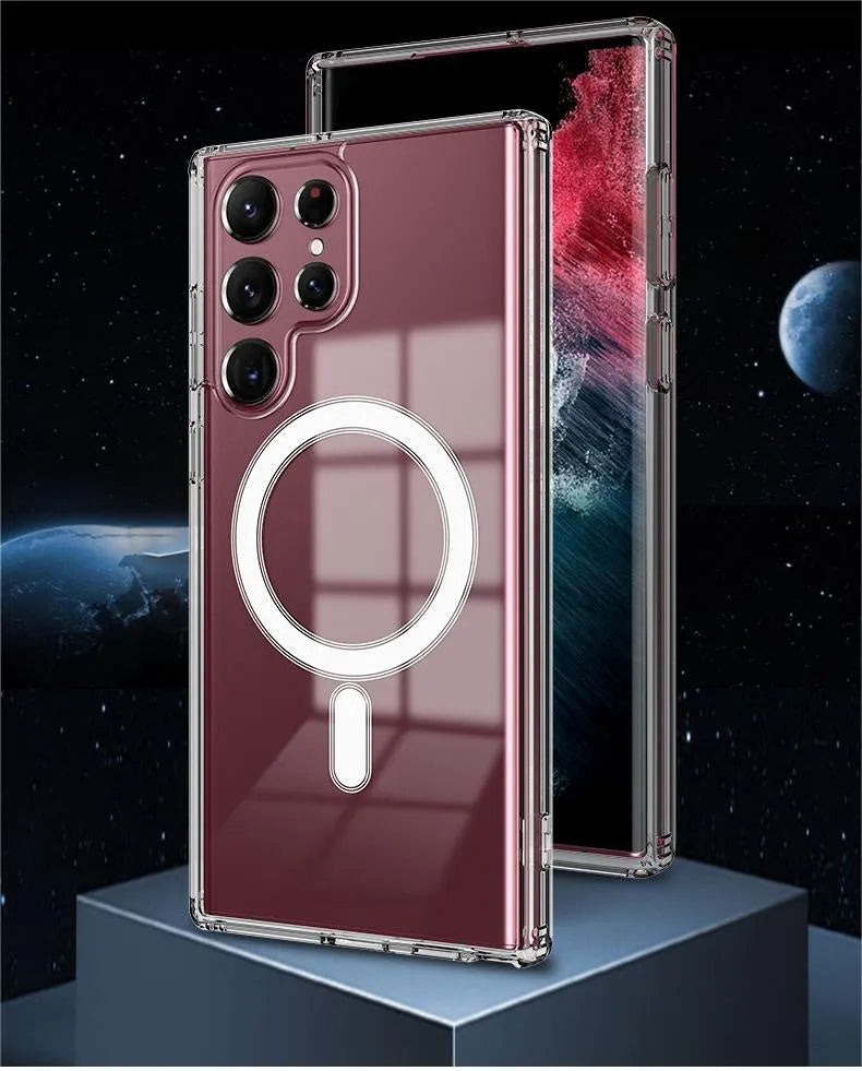 Clear transparent MagSafe magnetic phone case for Samsung Galaxy S21, S22, S23 models on a table