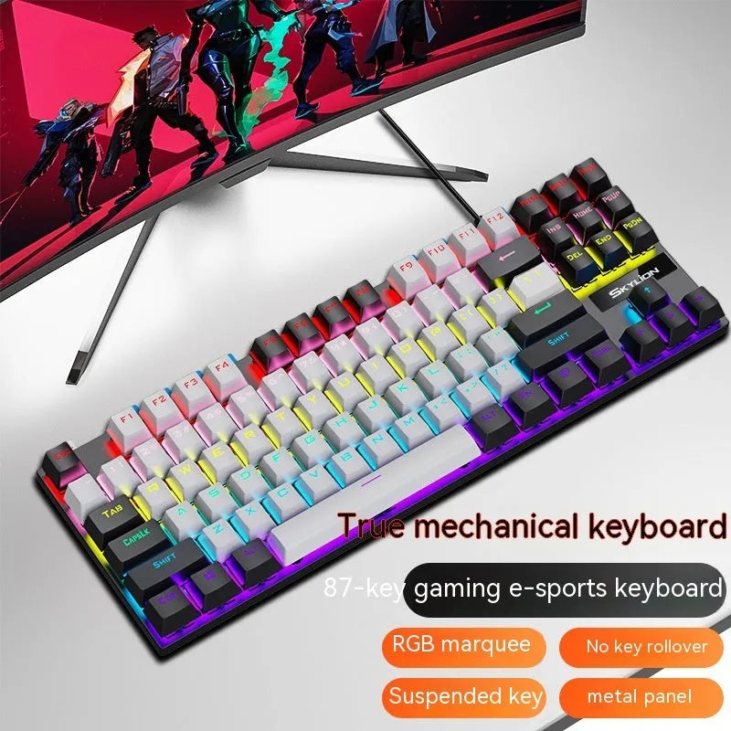 K87 mechanical wired keyboard with metal frame shown in blue white colour with green mechanical switches.