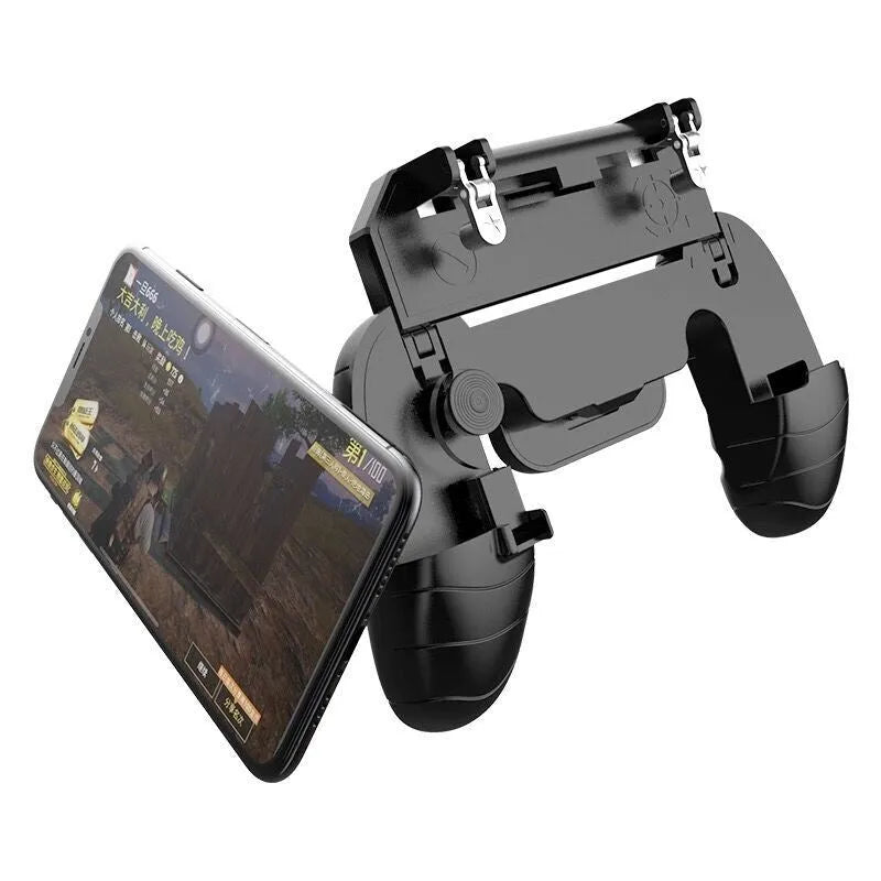 Multifunctional mobile game handle with extended grip holding smartphone, showing physical buttons and universal clip