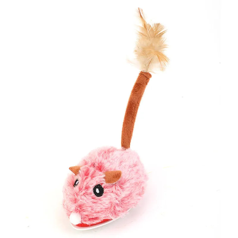 Self-charging electric mouse cat pole toy with plush mouse in pink, dark grey, or purple colours