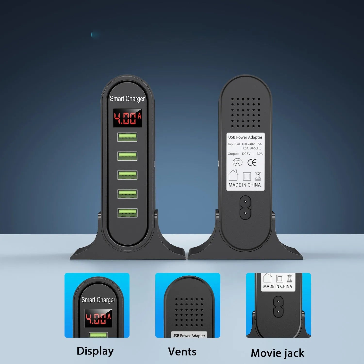Smart LED digital display USB charger in black or white with EU UK US plug options