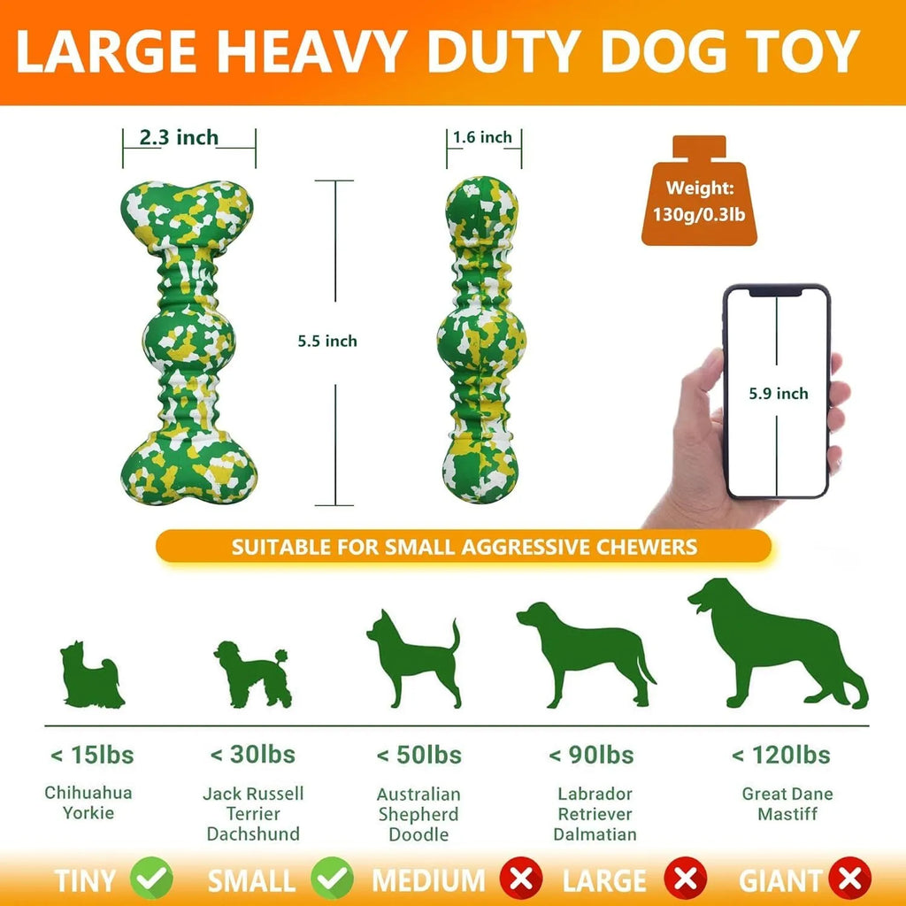Green and white camouflage pattern natural rubber bone chew toy for large dogs on a wooden floor.