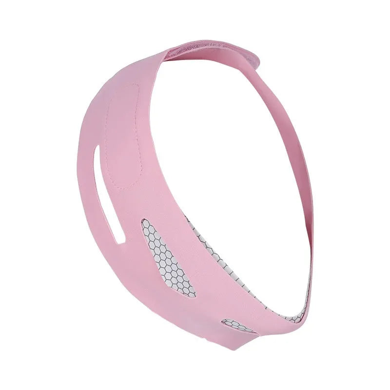 Pink and black elastic V-shaped face bandage for facial contouring, shown with full English box packaging.