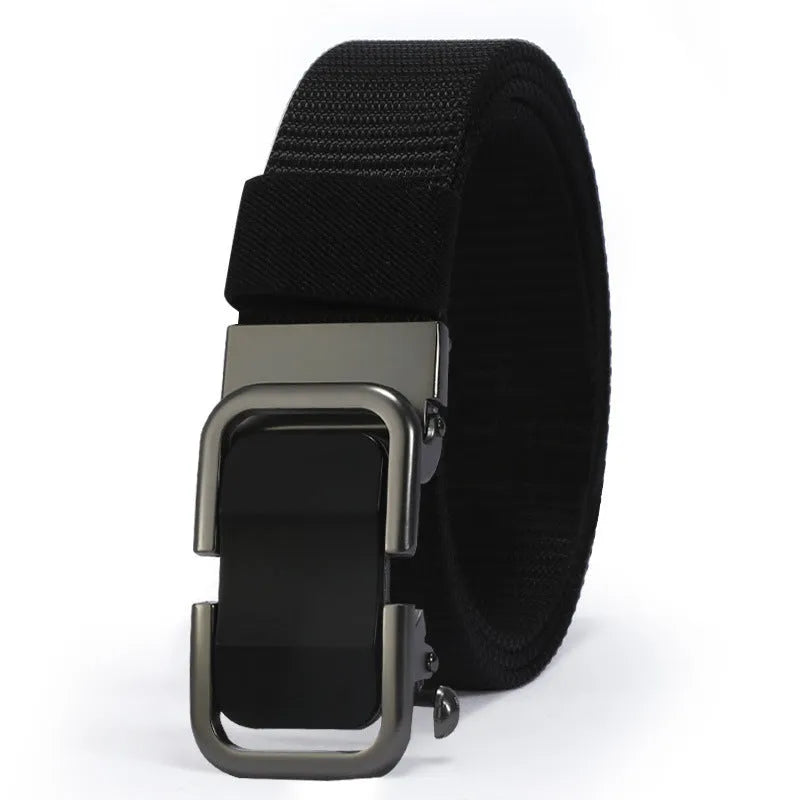 Men's nylon canvas belt with an alloy buckle shown in army green colour with a silver buckle.