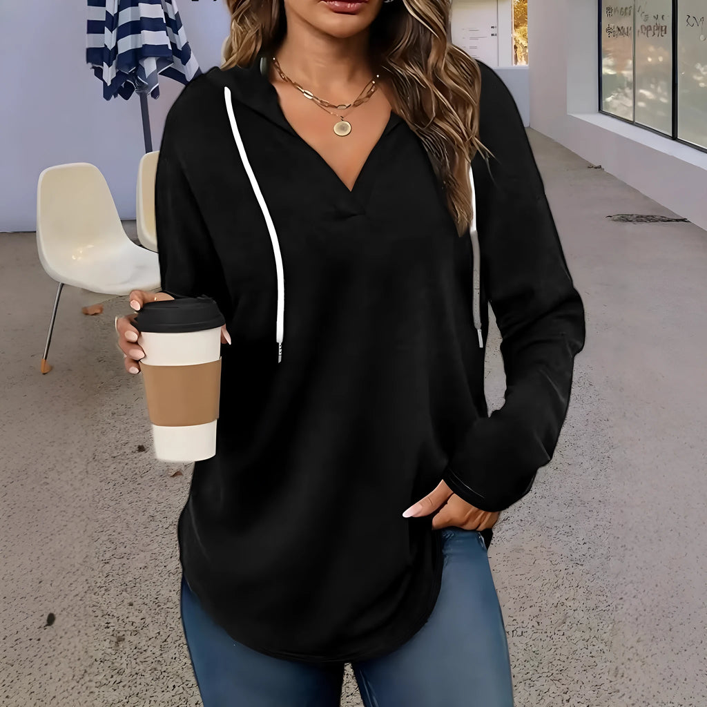 Women's V-neck sweatshirt in black and red colours with long sleeves