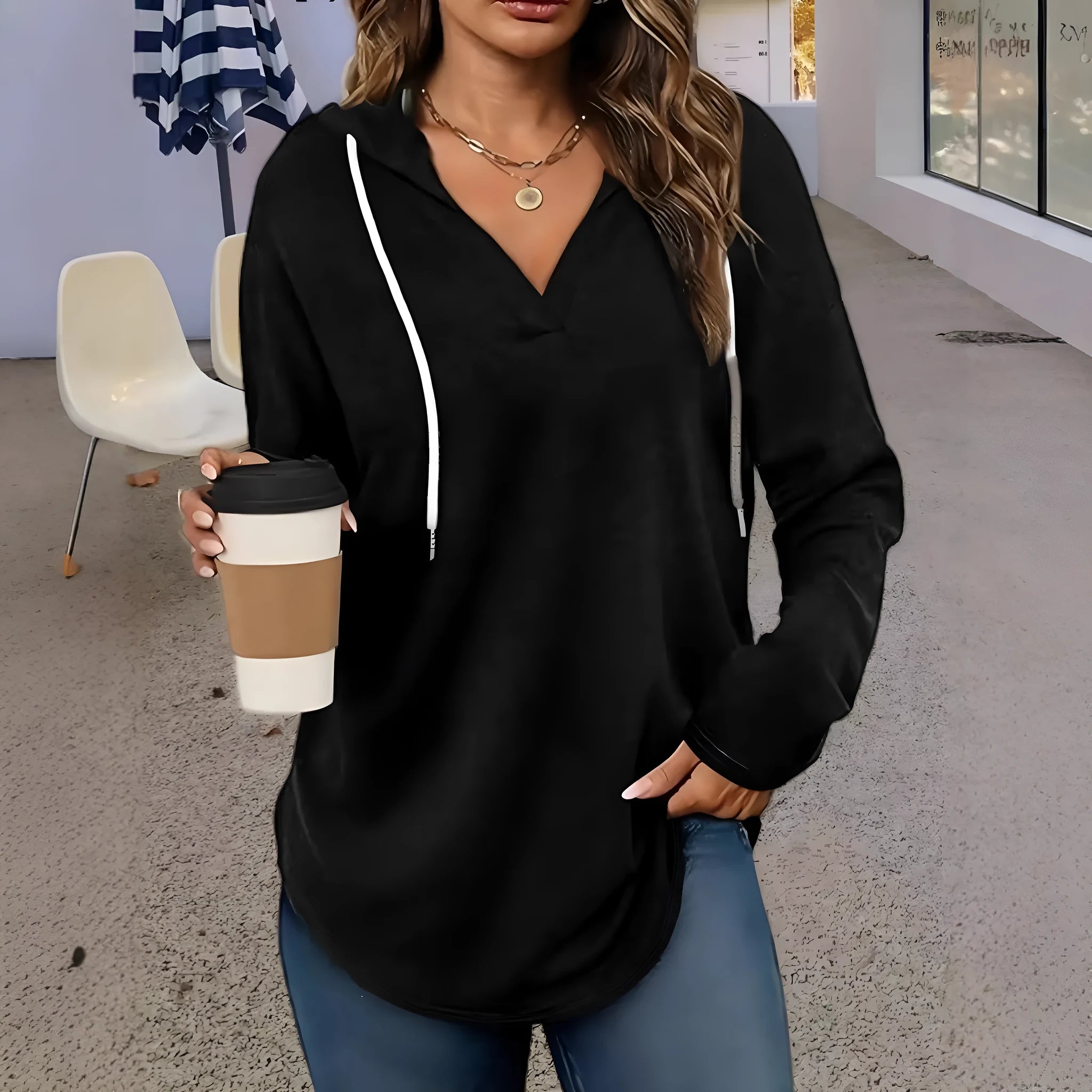 Women's V-neck sweatshirt in black and red colours with long sleeves