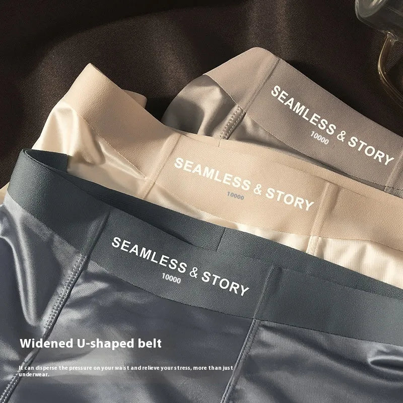 Men's ice silk satin underwear in mid waist design showing coffee, light grey and blue colour options