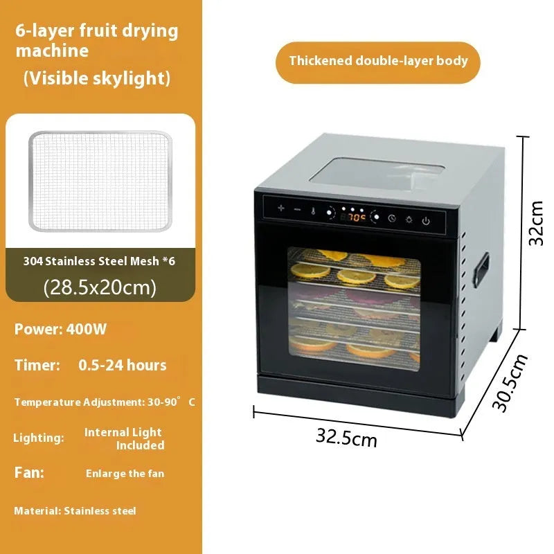 Stainless steel fruit dehydrator with clear viewing skylight and LED control panel