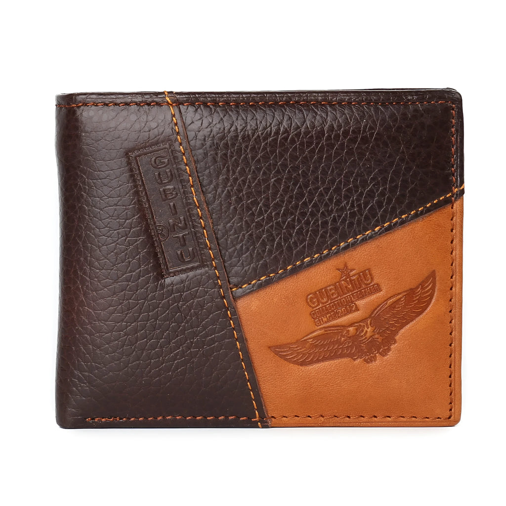 Soft cowhide leather men's wallet with cross-stitch detail, shown open to reveal bill holder, card slots, and zip compartment.